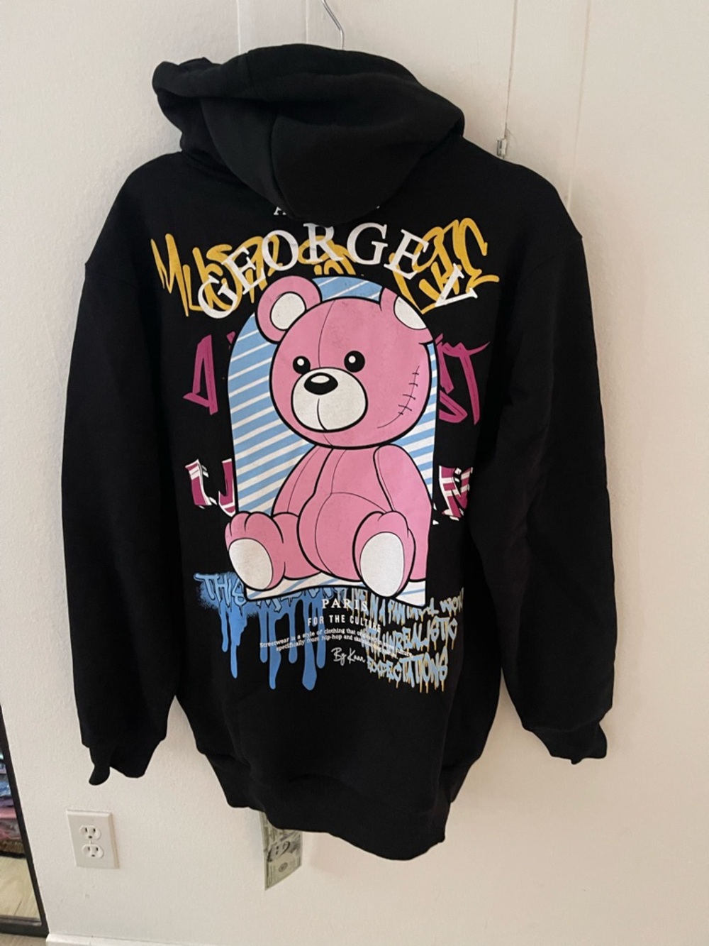 Avenue George V Paris Black Hoodie sweatshirt GV-2627 Teddy Bear Print 2XL NWT